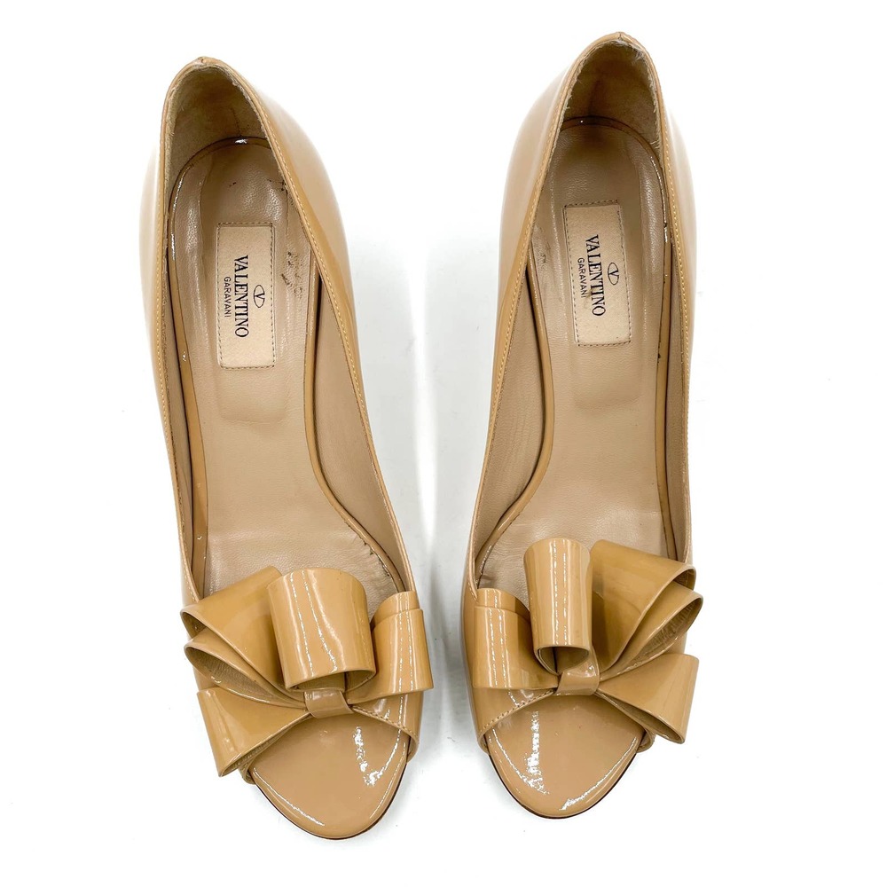 Valentino Nude Patent Leather Bow Pumps Peep Toe Kitten Heels - Picture 2 of 12